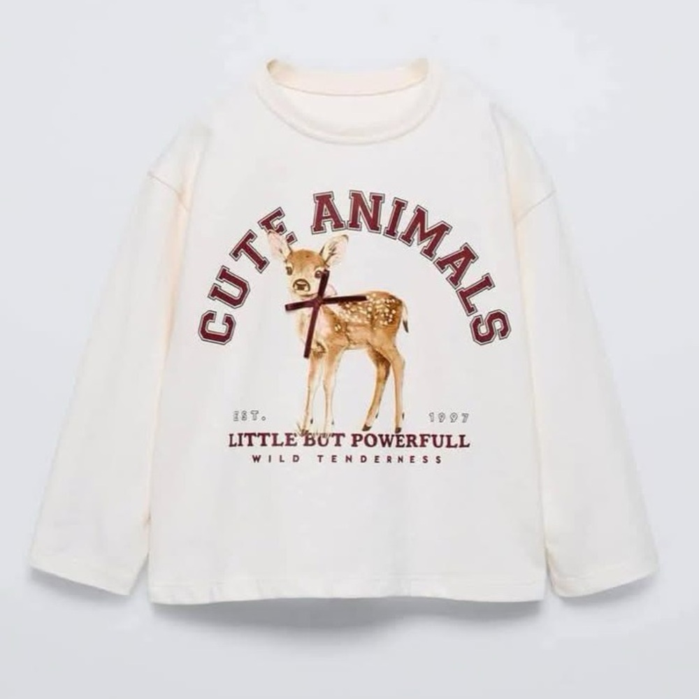 ZARA Girls Deer Bow Longsleeve Graphic Tee NWT Size 2 cottagecore whimsical
